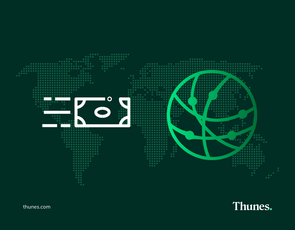 Icon of money transfer and global network over world map representing cross-border payouts