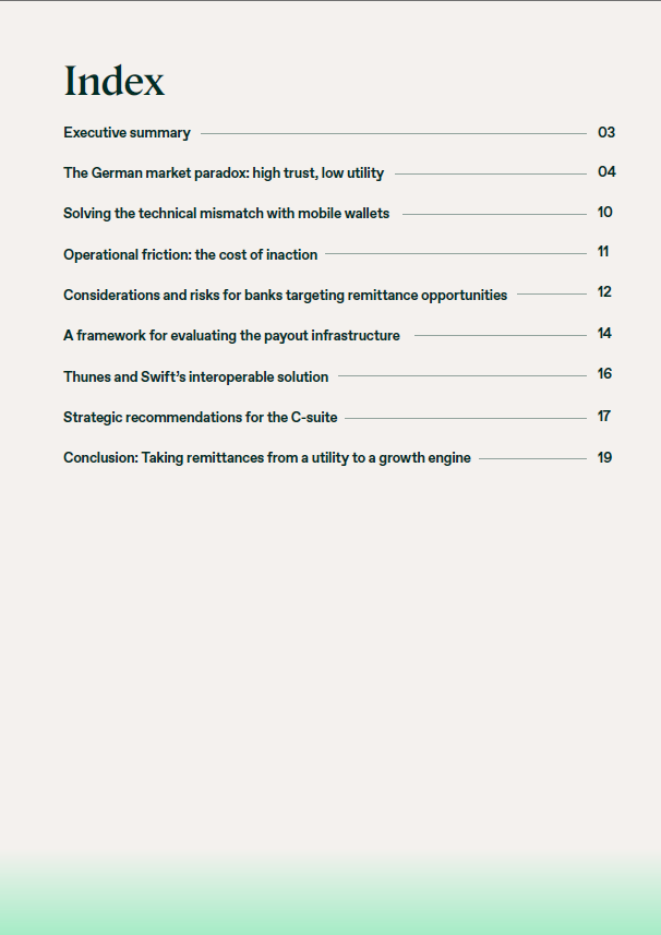 Index page listing report sections and starting pages, including Executive summary and remittance topics.