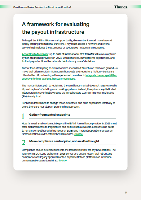 Document page titled 'A framework for evaluating the payout infrastructure' outlining the framework with two main sections: 1 Gather fragmented endpoints; 2 Make compliance central pillar.