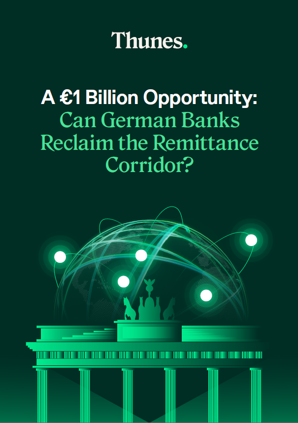 Cover image for a Thunes article: 'A €1 Billion Opportunity: Can German Banks Reclaim the Remittance Corridor?' with a green globe/network graphic above a classical building.