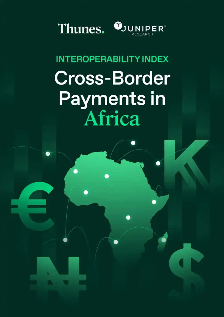 Thunes and Juniper logos above the title 'Interoperability Index: Cross-Border Payments in Africa' with a green Africa map and currency icons in a dark green background.