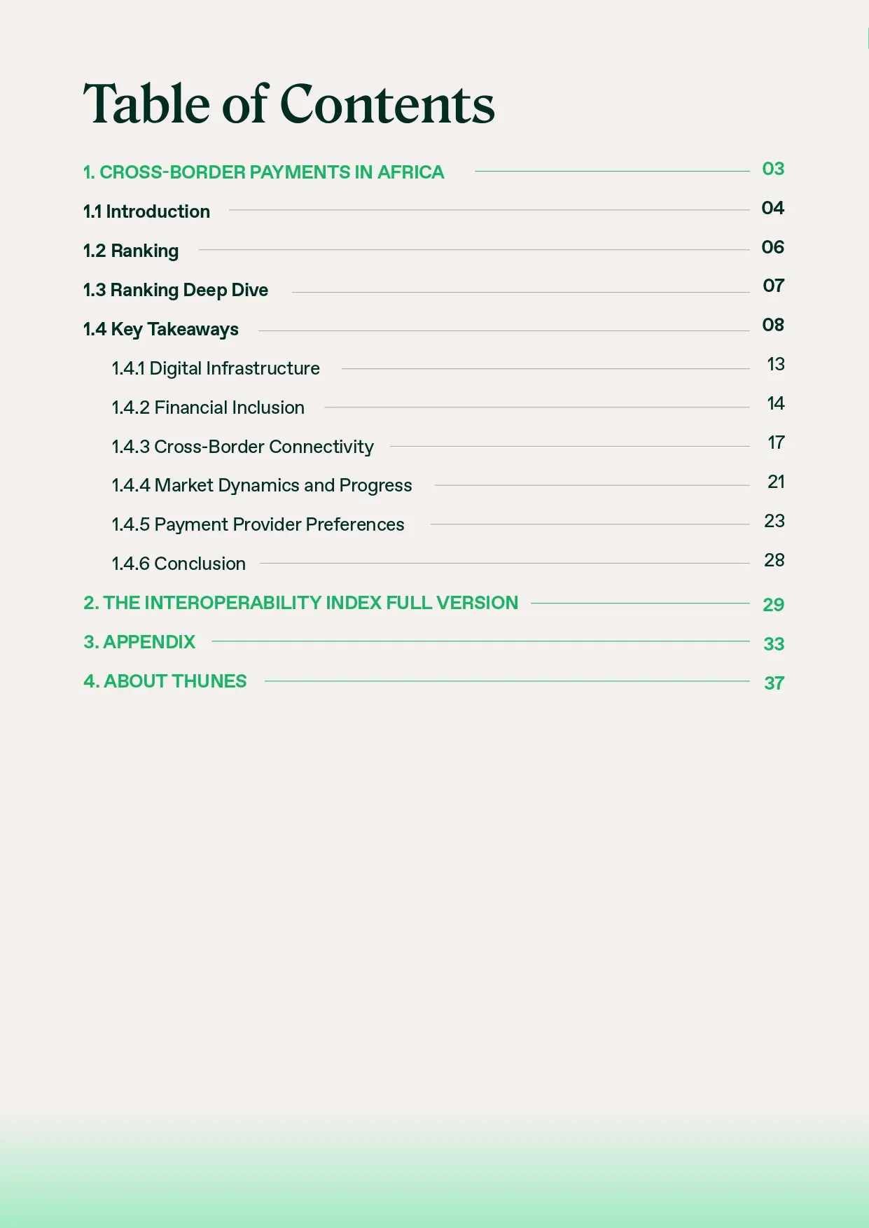 Table of contents page with green section headings and right-aligned page numbers.