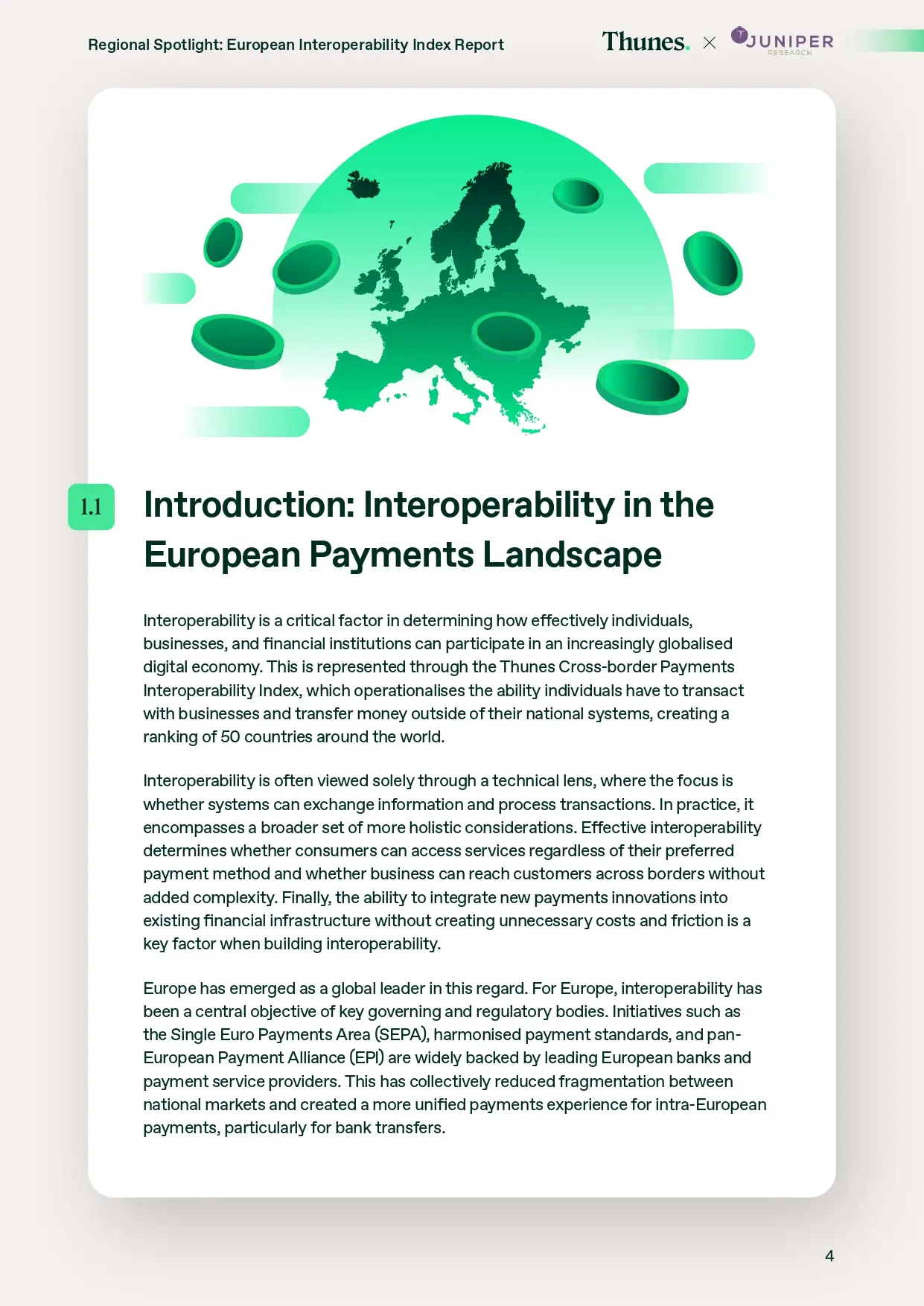 Green map of Europe inside a gradient circle with floating abstract shapes, serving as the hero image for the regional interoperability report header.