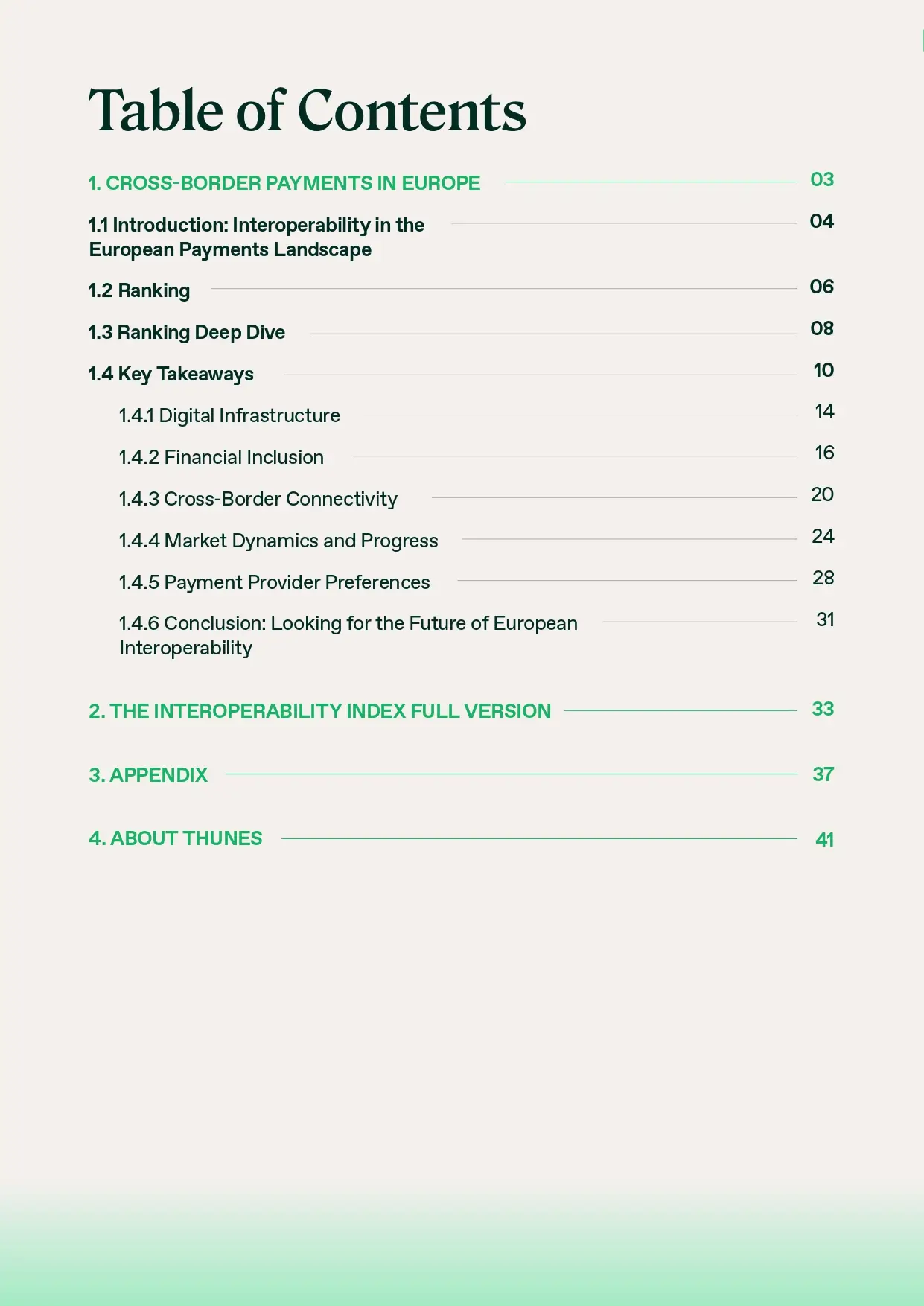 Table of contents for a document with green headings and page numbers, including sections like Cross-Border Payments in Europe and The Interoperability Index Full Version.