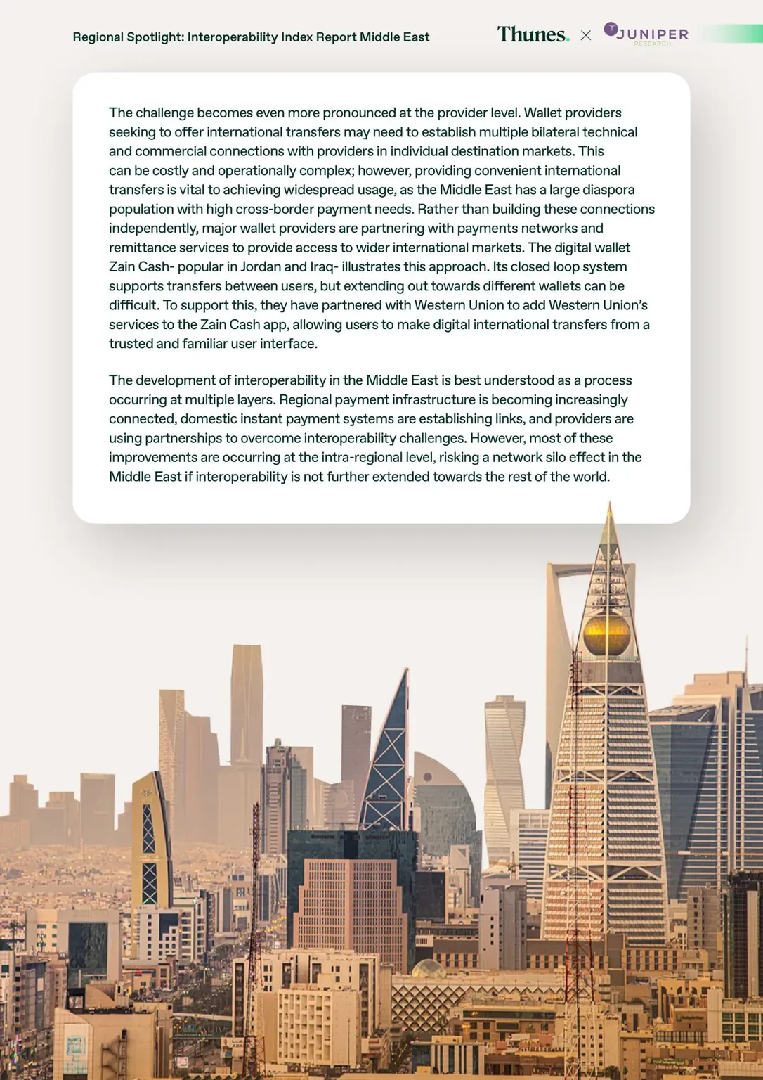 Informational graphic: a white rounded text card with dense paragraph about regional interoperability above a Riyadh skyline cityscape.