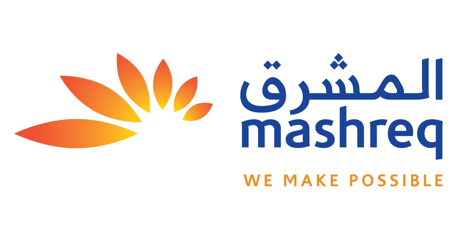 Mashreq logo: orange gradient sunburst/flower on the left, blue Arabic and English 'Mashreq' wordmark on the right, with the tagline 'WE MAKE POSSIBLE' in orange below.