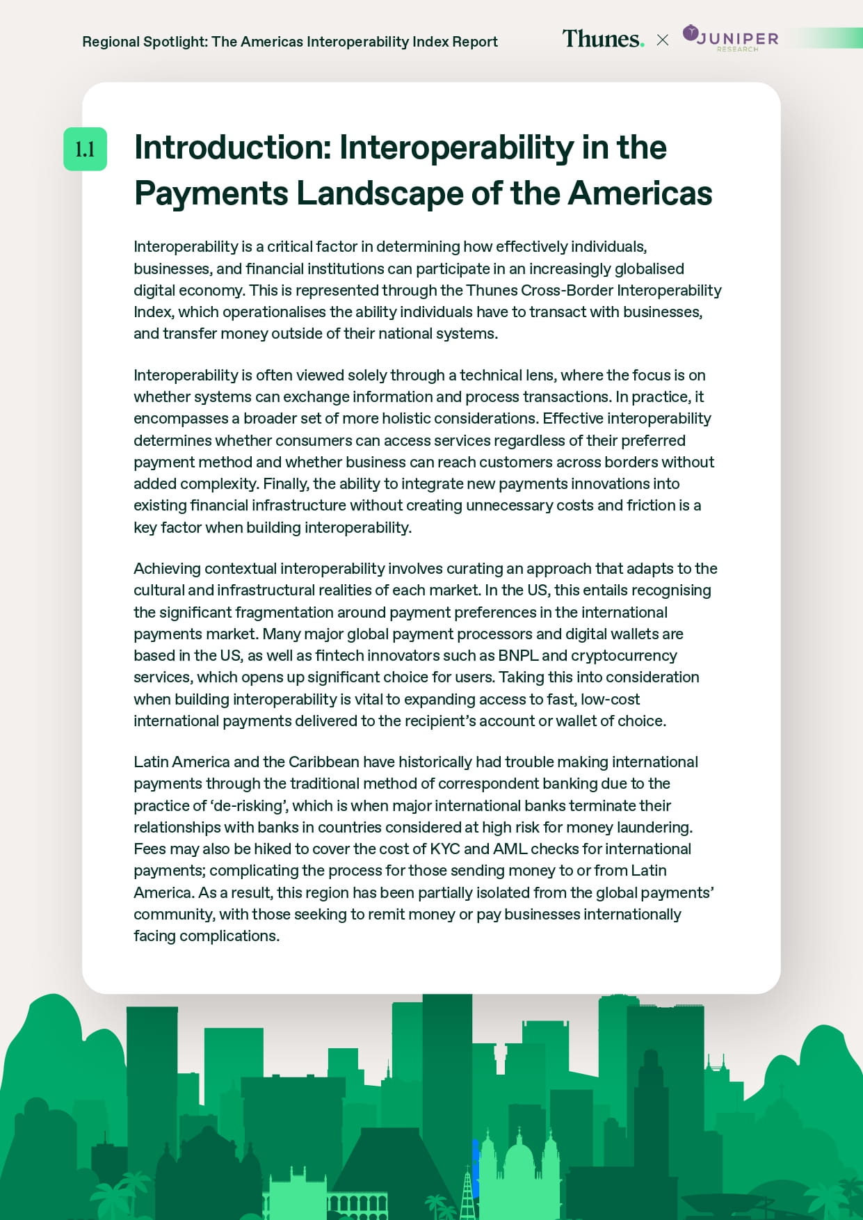 Intro page of The Americas Interoperability Index Report with section 1.1 heading: 'Introduction: Interoperability in the Payments Landscape of the Americas' and the Thunes x Juniper logos at the top.